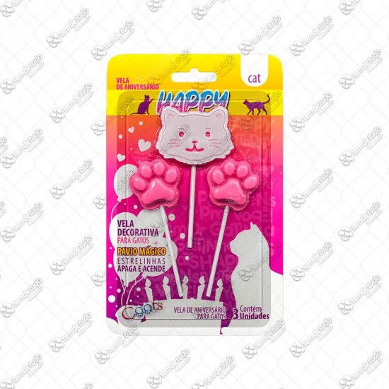 VELA ANIVERSARIO HAPPY CAT ROSA C/3