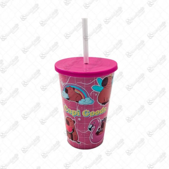 COPO C/TAMPA CANUDO CAPIVARA ROSA 550ML